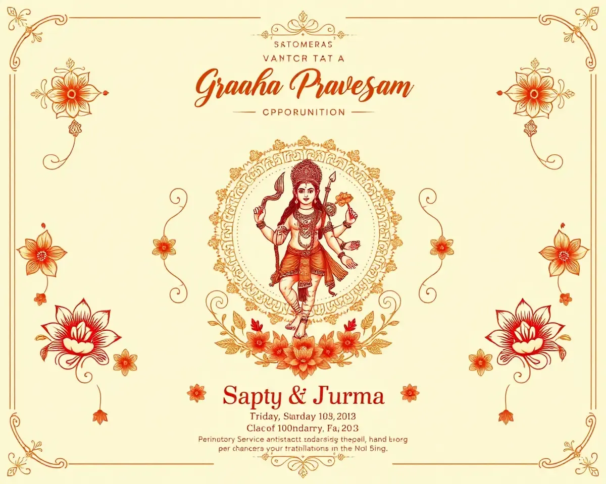 Ornate Hindu Deity Illustration for Traditional Graha Pravesam Invitation