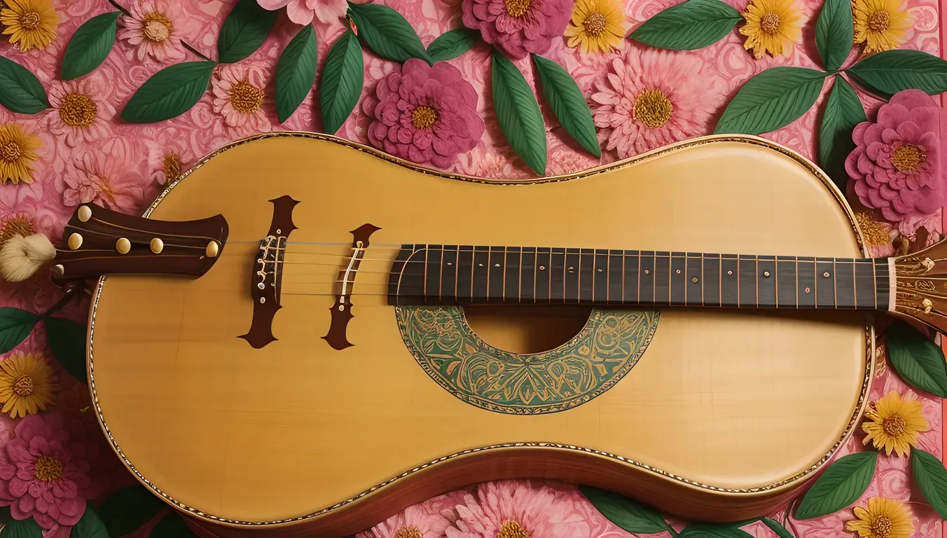 Ornate Sarangi Surrounded by Flowers and Leaves