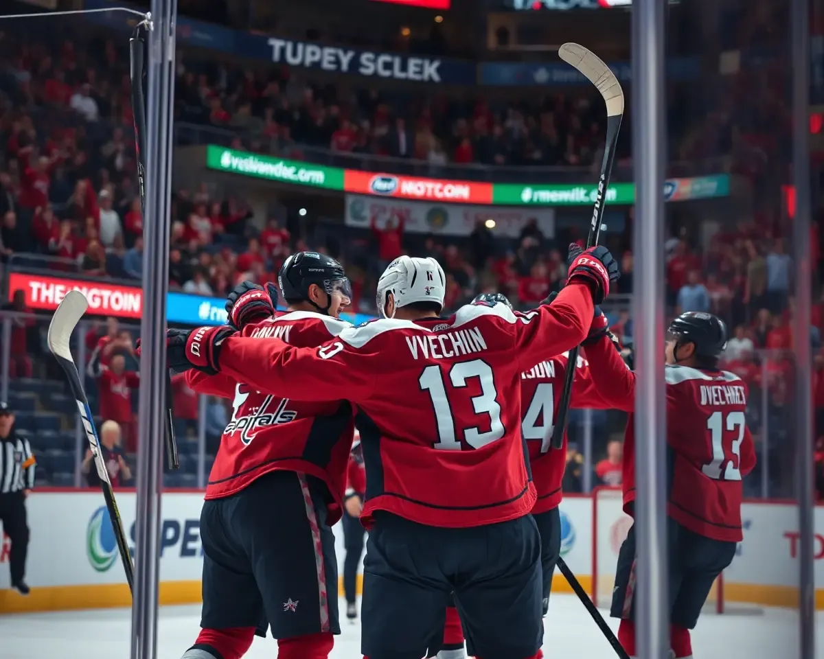 Ovechkin Celebrates Goal with Capitals Teammates in Packed Arena