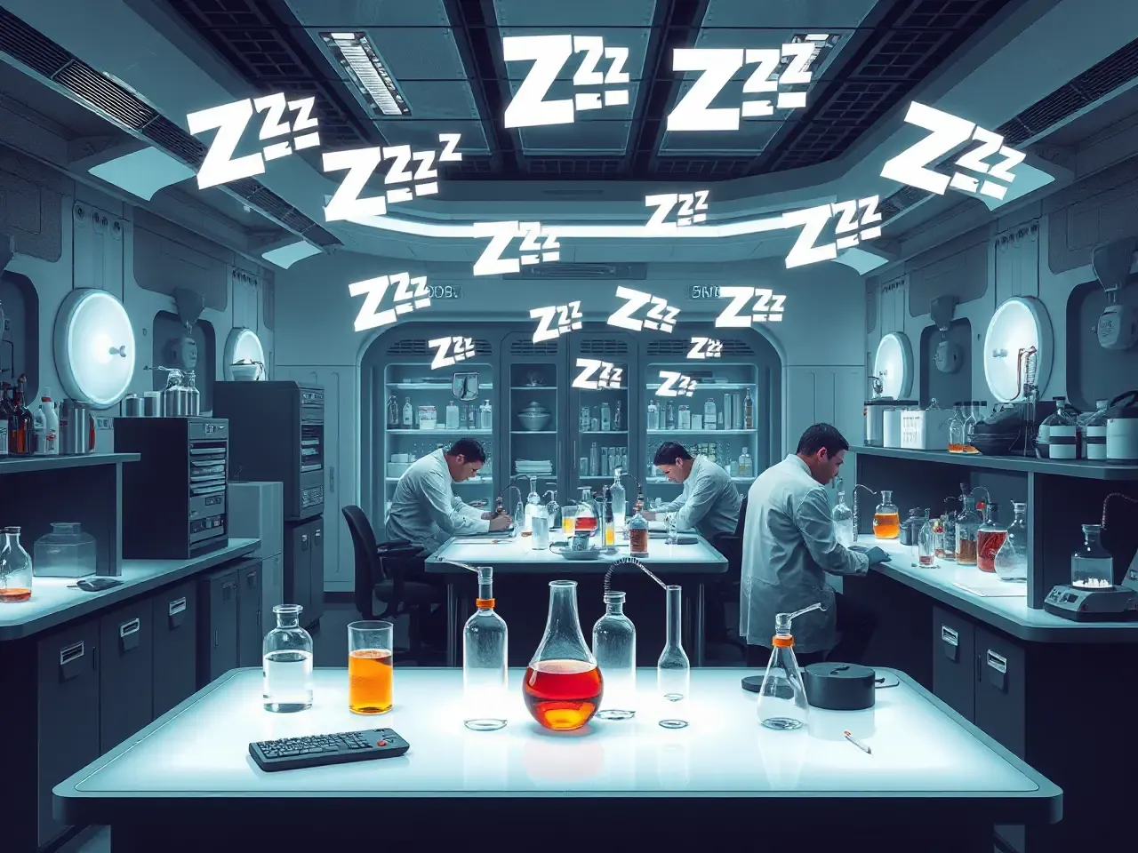 Overworked Scientists with Zzz's Above Their Heads