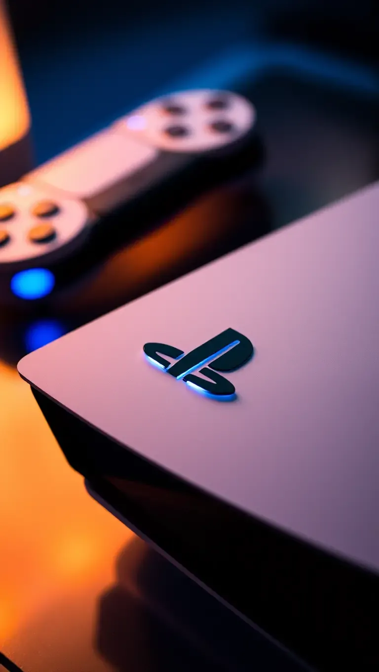 PS5 Pro Console with Sleek Design and Glowing Blue Lights