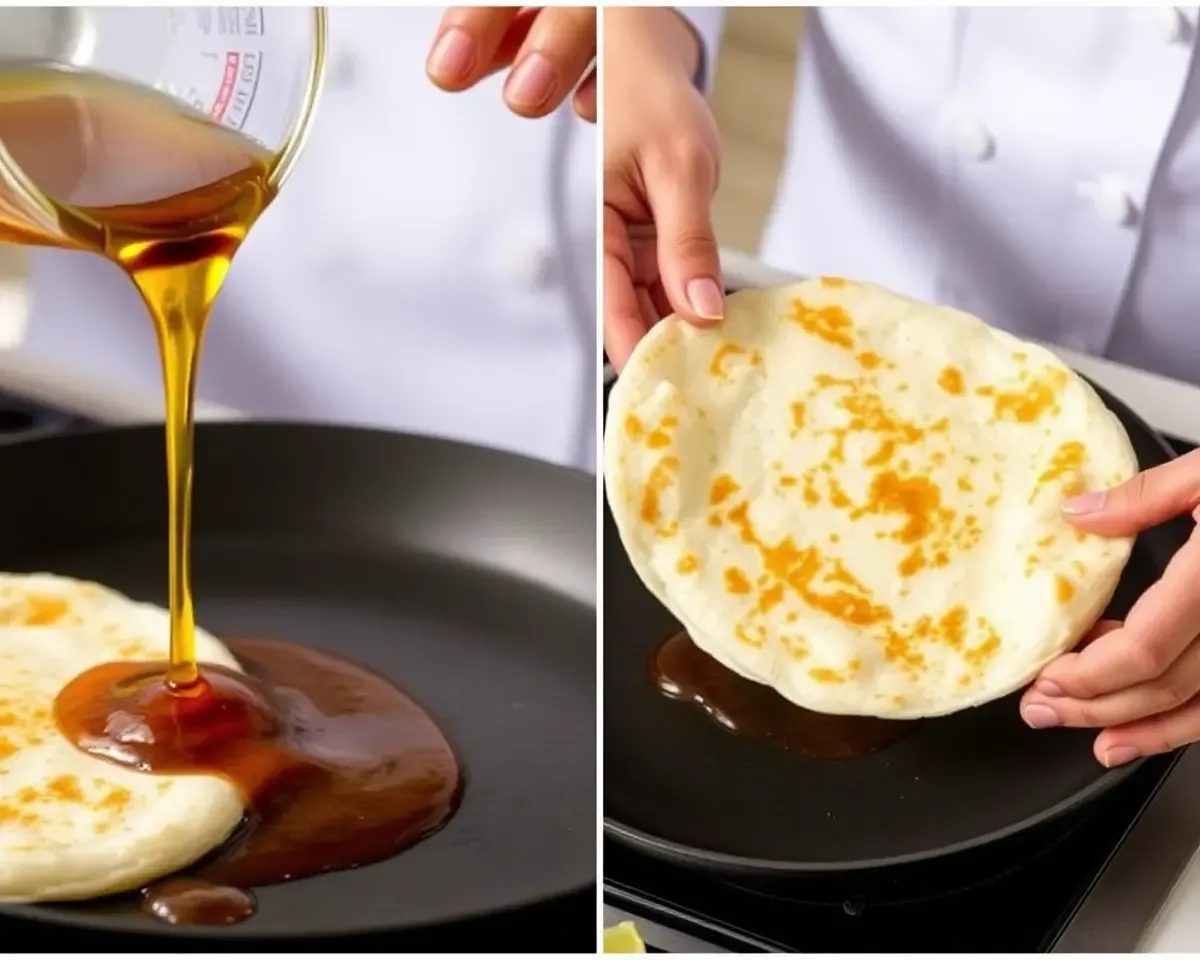 Paniyaram Being Poured with Golden Brown Liquid