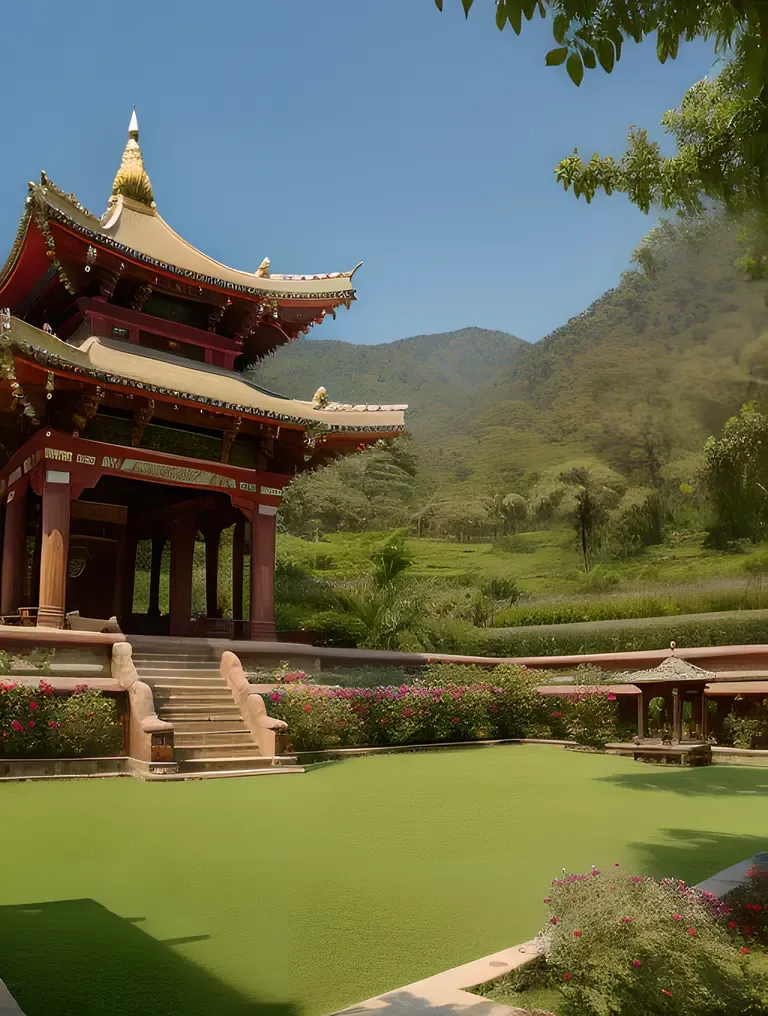 Panoramic View of Temple Complex with Lush Greenery