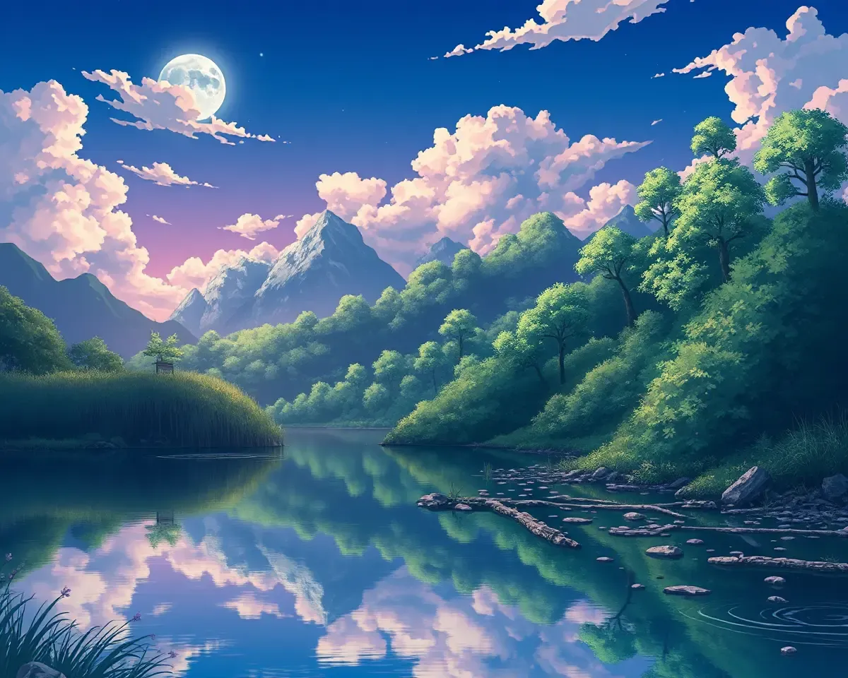 Peaceful Anime Lake Scene with Full Moon and Greenery