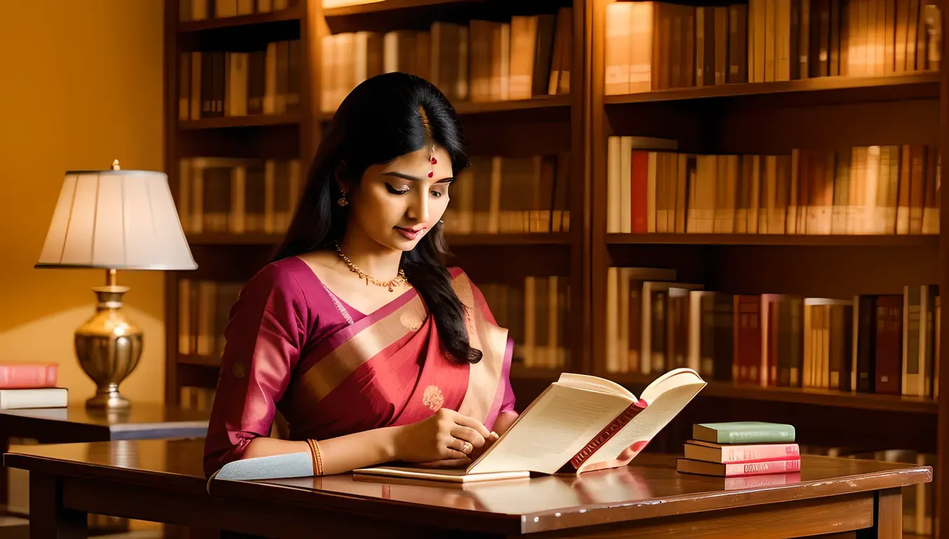 Peaceful Deshi Bhabhi Reading Book in Quiet Library