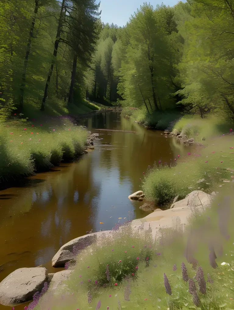 Peaceful Forest Glade with Wildflowers and Gentle Stream