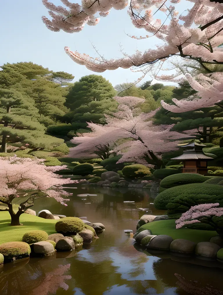 Peaceful Japanese Garden with Koi Ponds and Cherry Blossoms