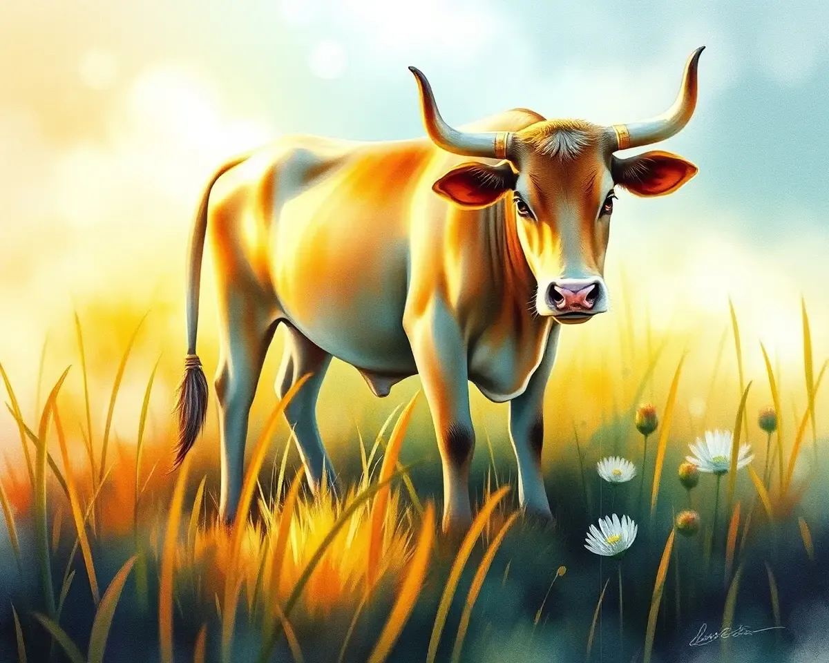 Peaceful Kamadhenu Grazing in Lush Meadow with Misty Fog.