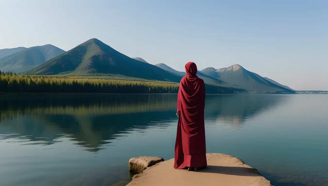 Peaceful Lake Scene with Burkha-Clad Woman