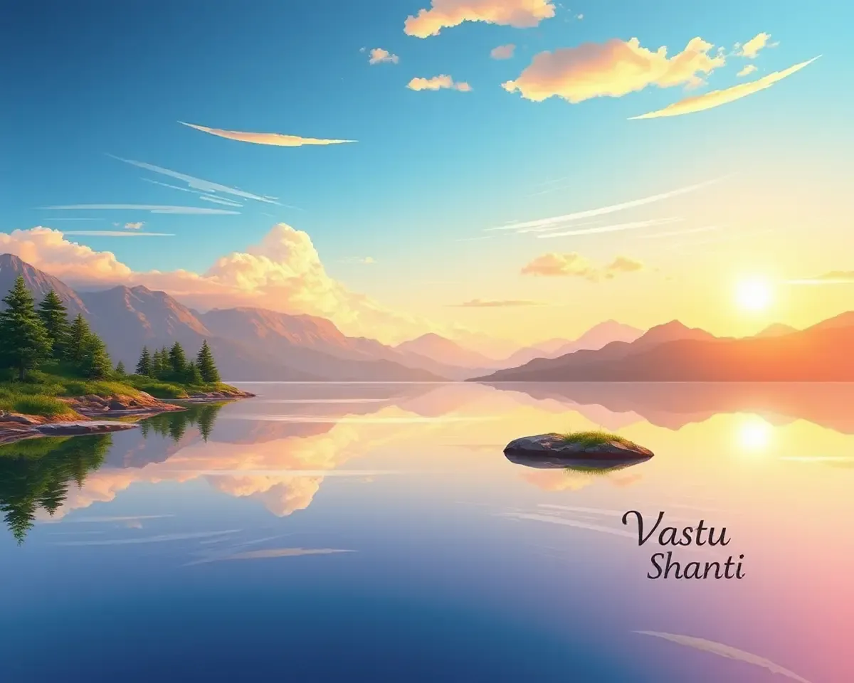 Peaceful Landscape Illustration with Vastu Shanti Message