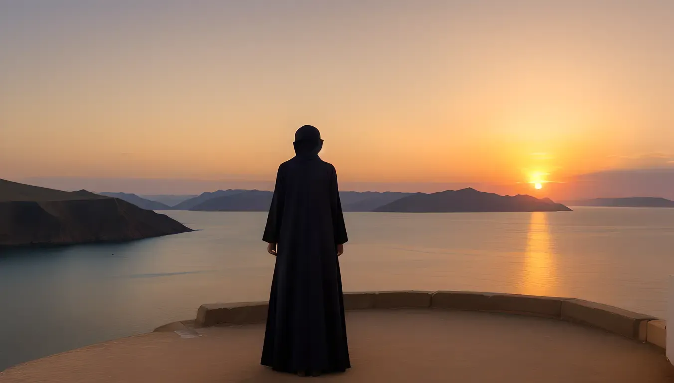 Peaceful Niqab-Covered Girl Admires Breathtaking Sunset View