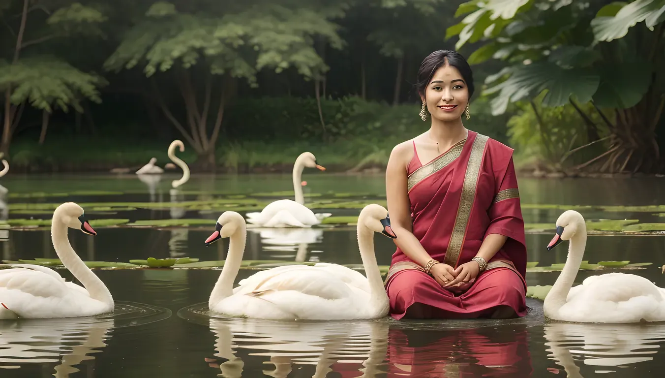 Peaceful Satyabhama Sitting in Lotus Pond with Swans and Fish.