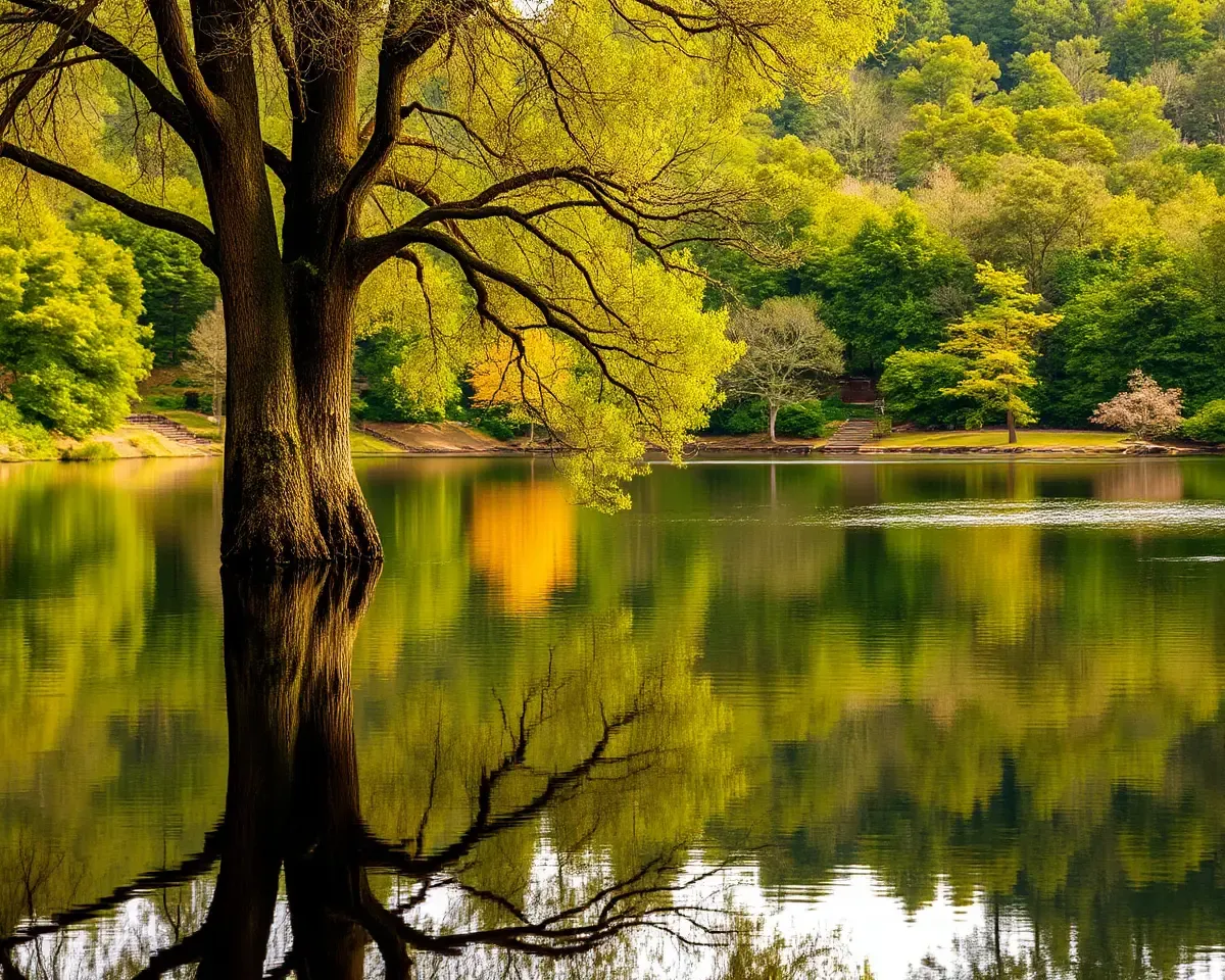 Peaceful Sawan Tree Reflected in Calm Lake