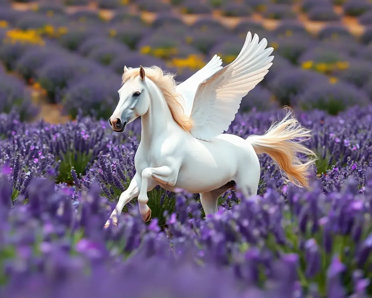 Pegasus Prances Through Field of Lavender in Breeze