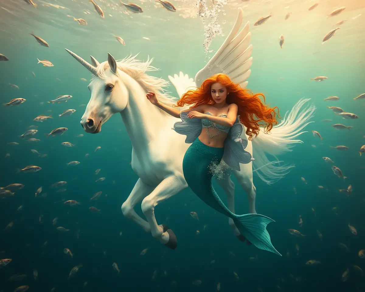Pegasus and Mermaid Swim Together in Underwater Kingdom