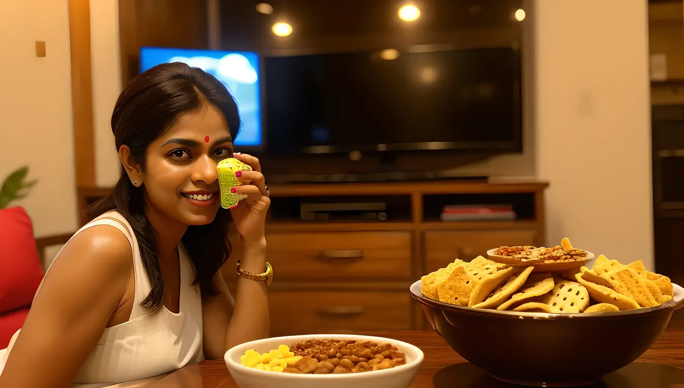 Person Snacking on Murukku while Watching TV
