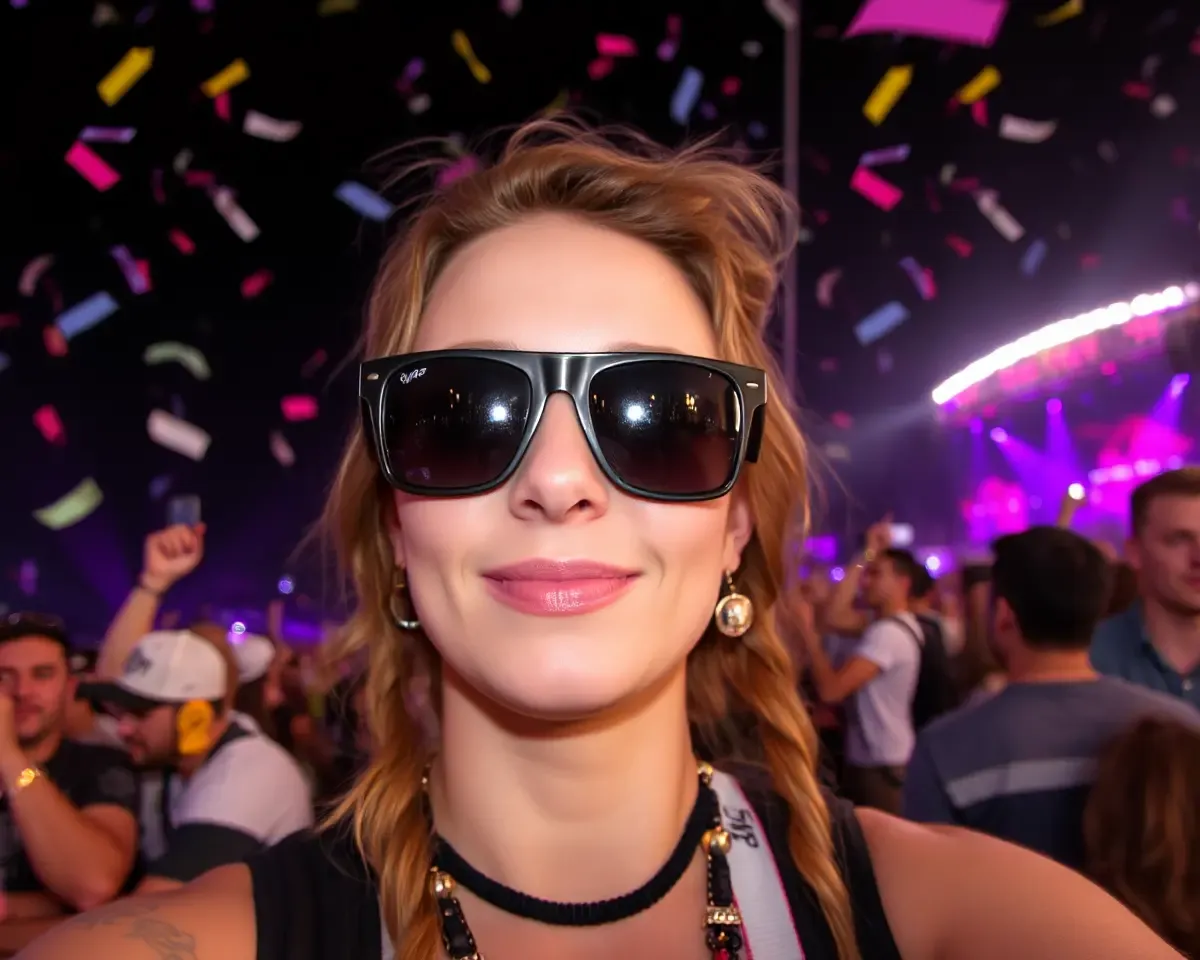Person Wears Sexxxy Sunglasses at Music Festival with Confetti