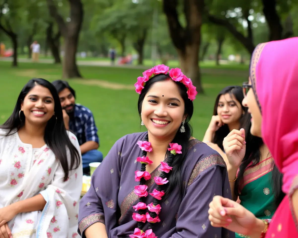 Picnic Friends with Pink Gajra and Smiling Faces