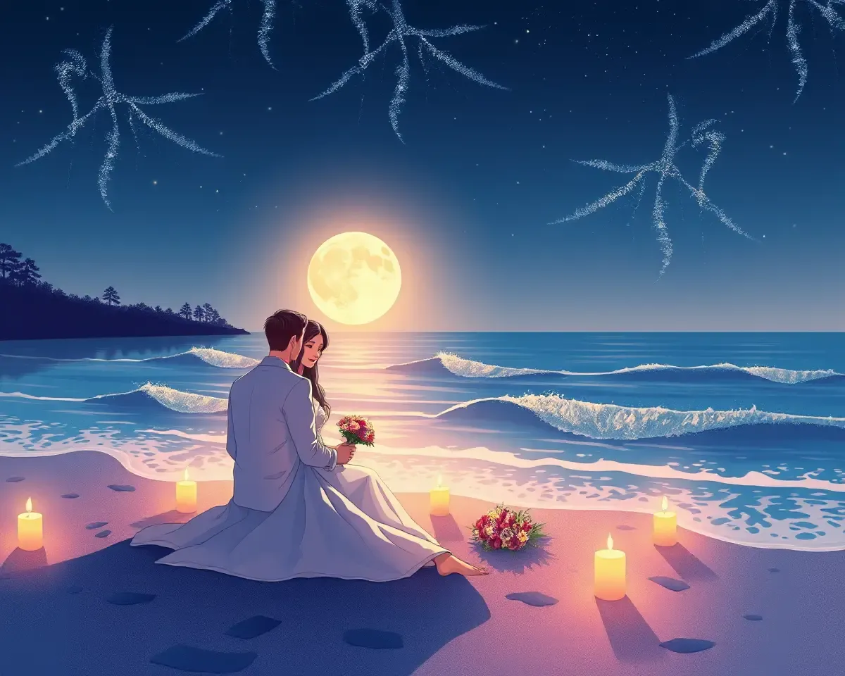 Pictoa Desi: Romantic Moonlit Beach Scene with Couple
