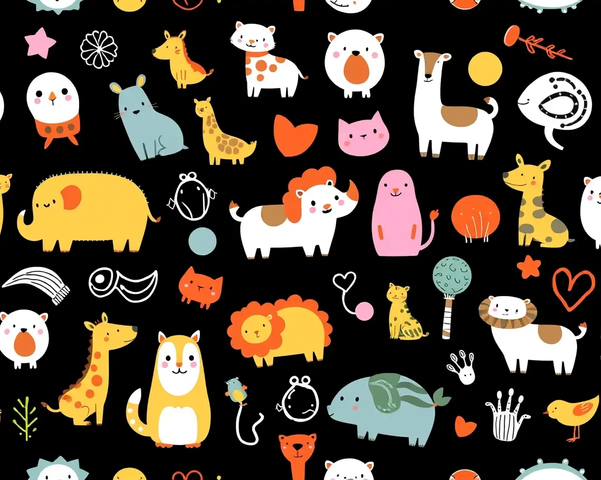 Playful Black Doodle Wallpaper with Cartoon Animals Colors