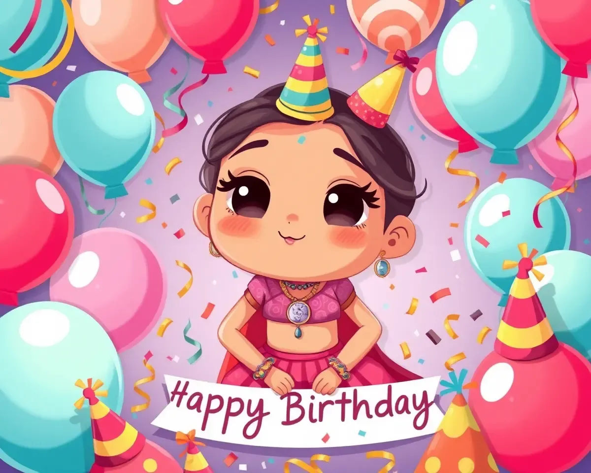 Playful Cartoon Poonam with Balloons and Party Hats