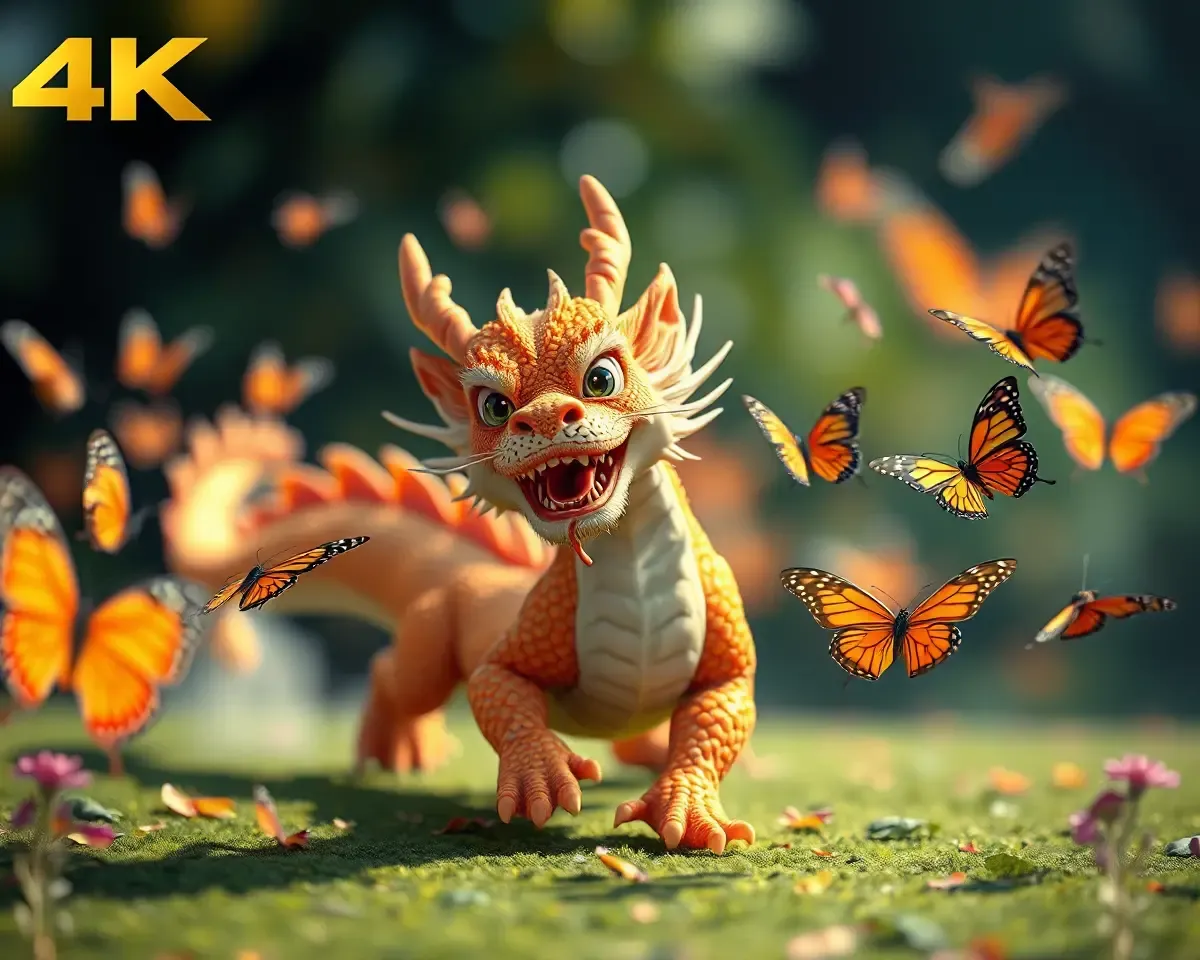Playful Chinese Dragon Chases Butterflies 4K