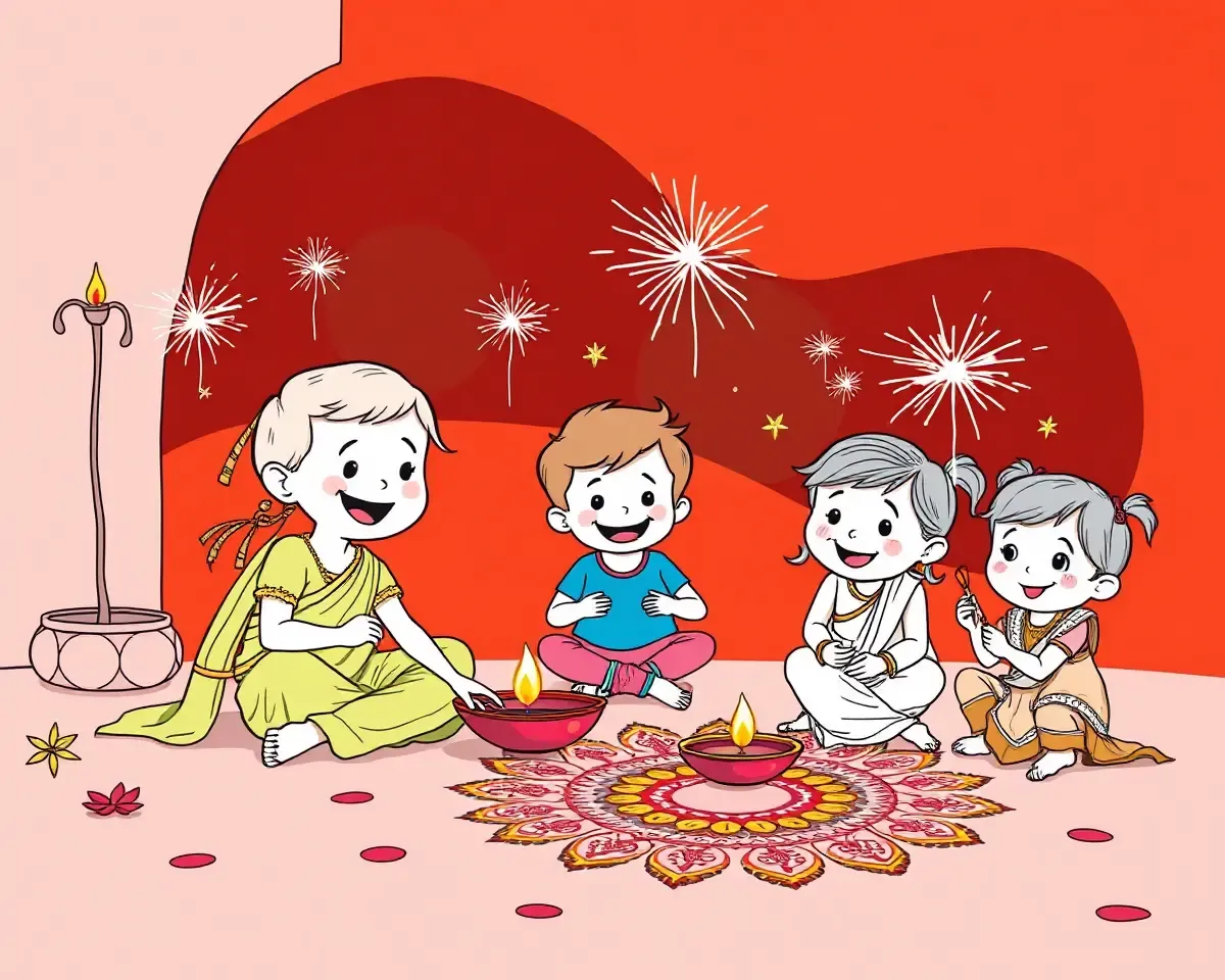 Playful Diwali Illustration: Children Playing with Diyas and Sparklers