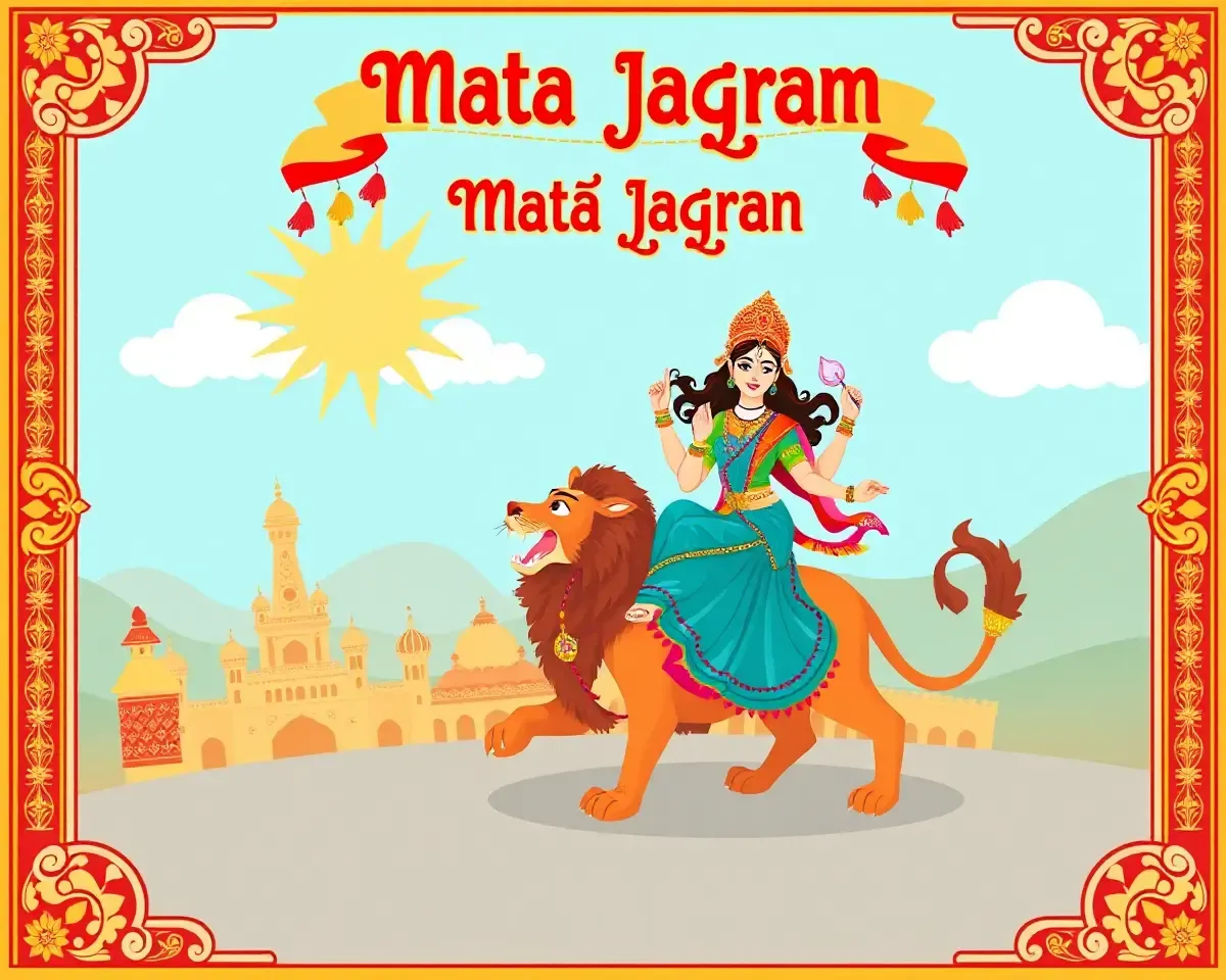 Playful Goddess Durga on Lion Invites to Mata Jagran