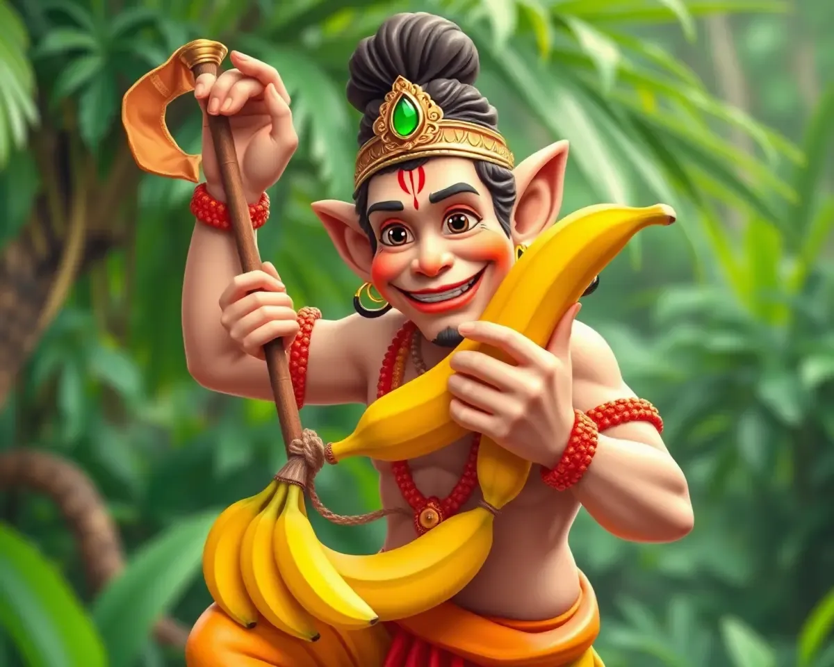 Playful Hanuman Ji with Bananas and Jungle Background PNG