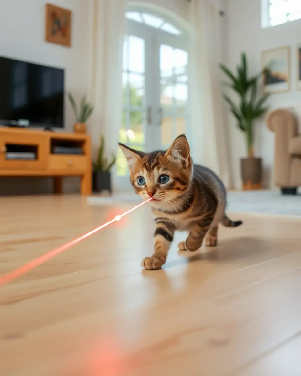 Playful Kitten Chases Laser Pointer Across Bright Living Room