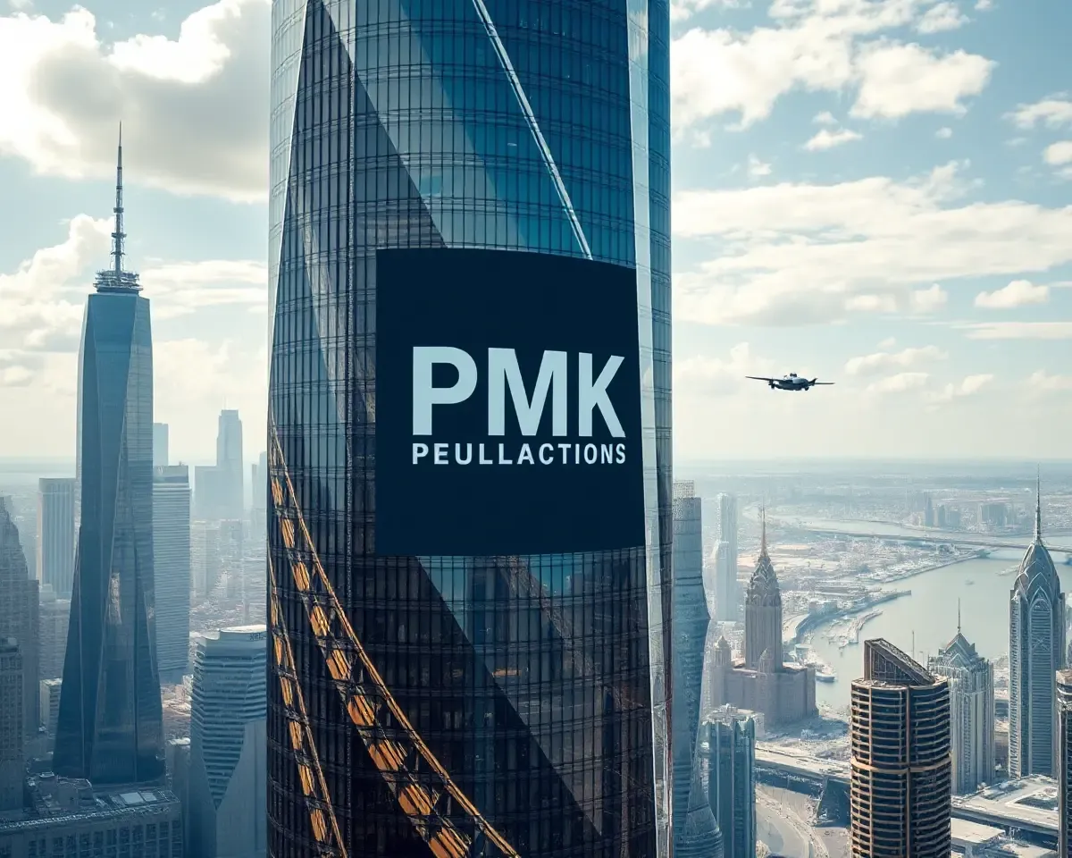 Pmk banner adorns futuristic skyscraper with city view.