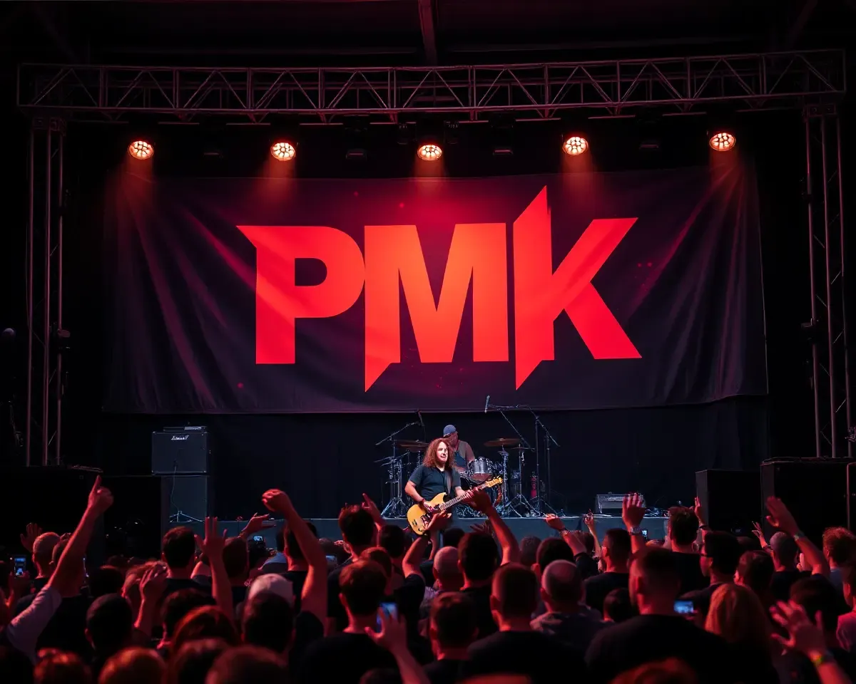 Pmk banner backdrops live concert with rock band.