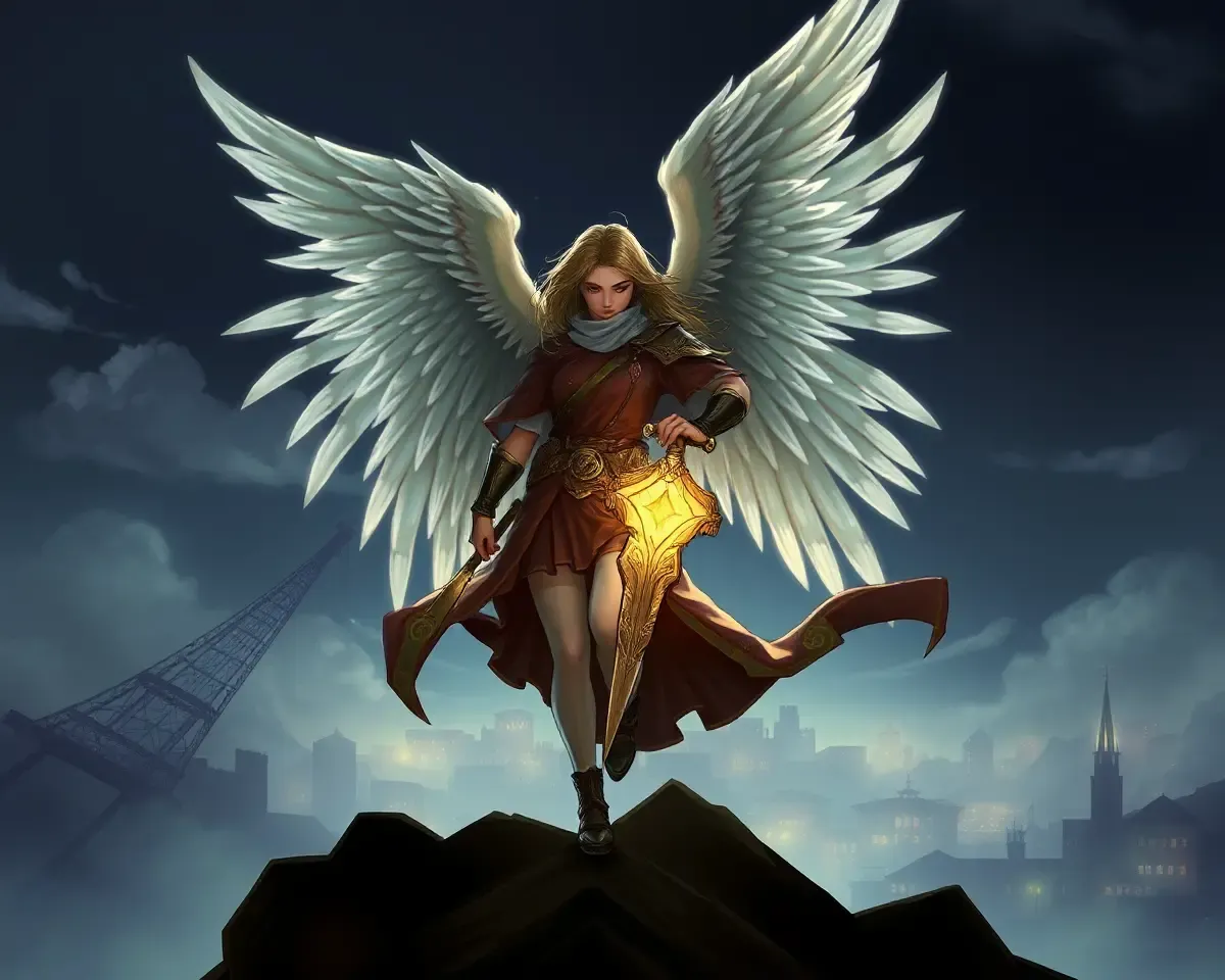 Powerful Angel with Sword in Cityscape