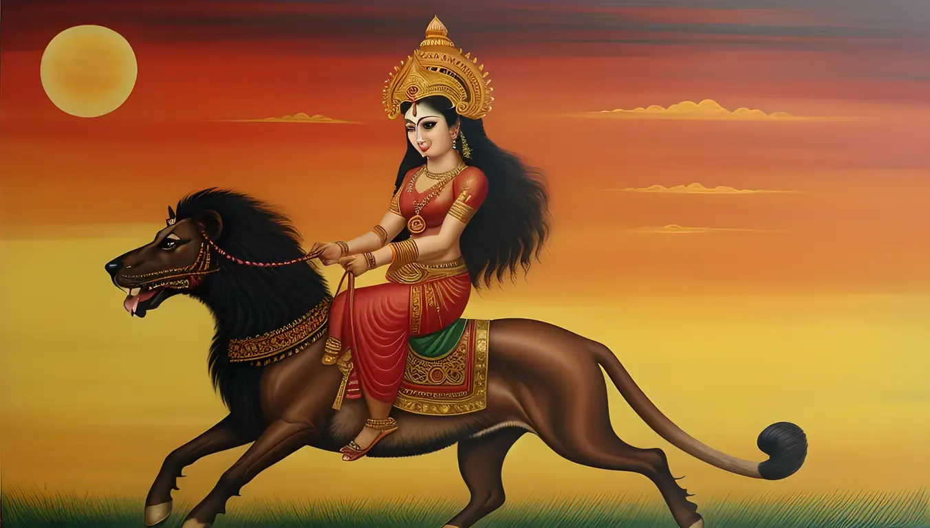 Powerful Kaliamman Riding Lion Traditional Tamil Nadu Painting