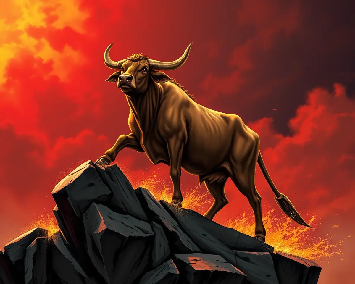 Powerful Kamadhenu Standing on Rocky Cliffside with Sunset.