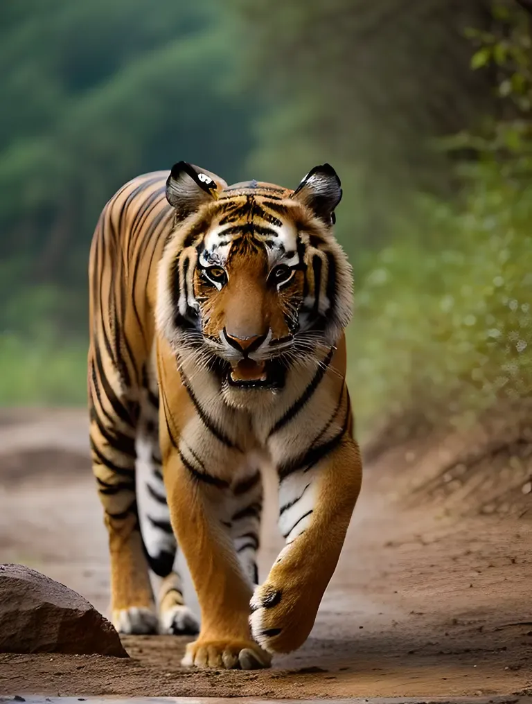 Powerful Tiger Stalking Prey in Asiatic Underbrush