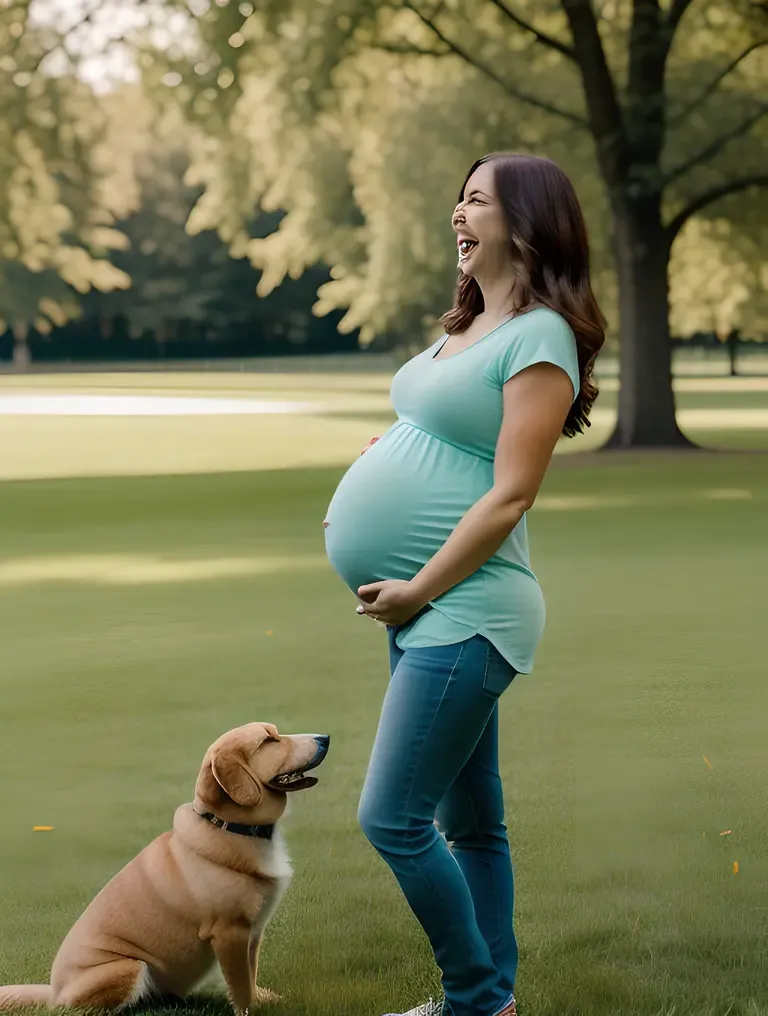 Pregnant Girl Playing with Dog in Park