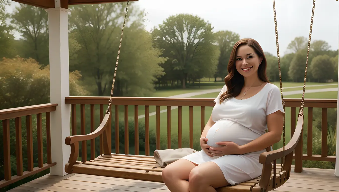 Pregnant Girl Relaxing on Porch Swing with Peaceful View
