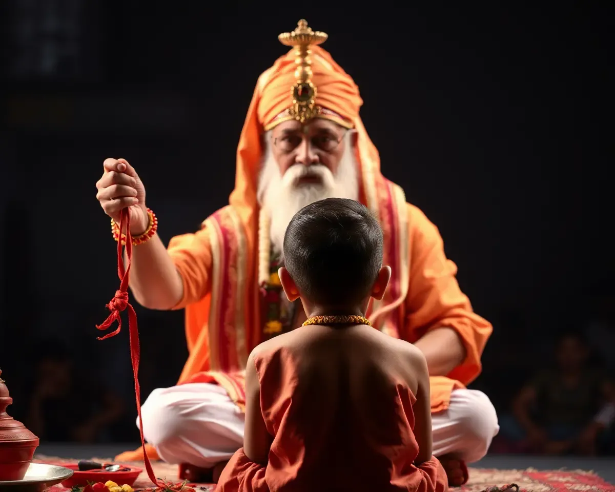 Priest Holds Sacred Thread for Mundan Ceremony