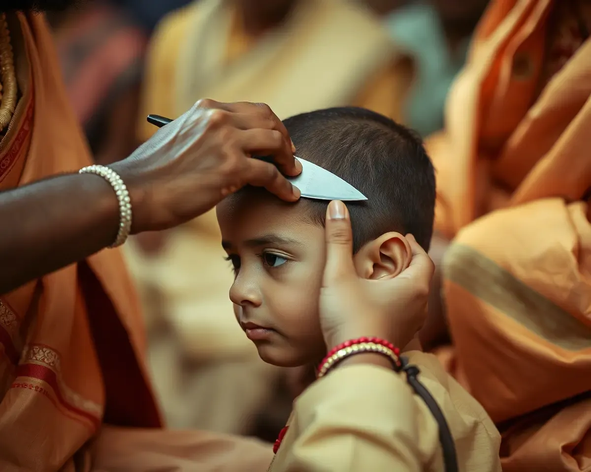 Priest Performs Mundan Ceremony on Young Boy's Head