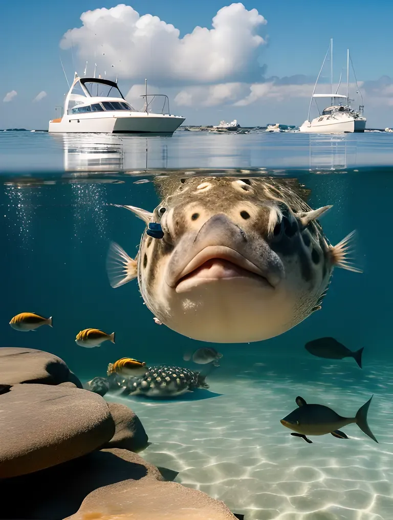 Puffer Fish in Ocean with School of Smaller Fish