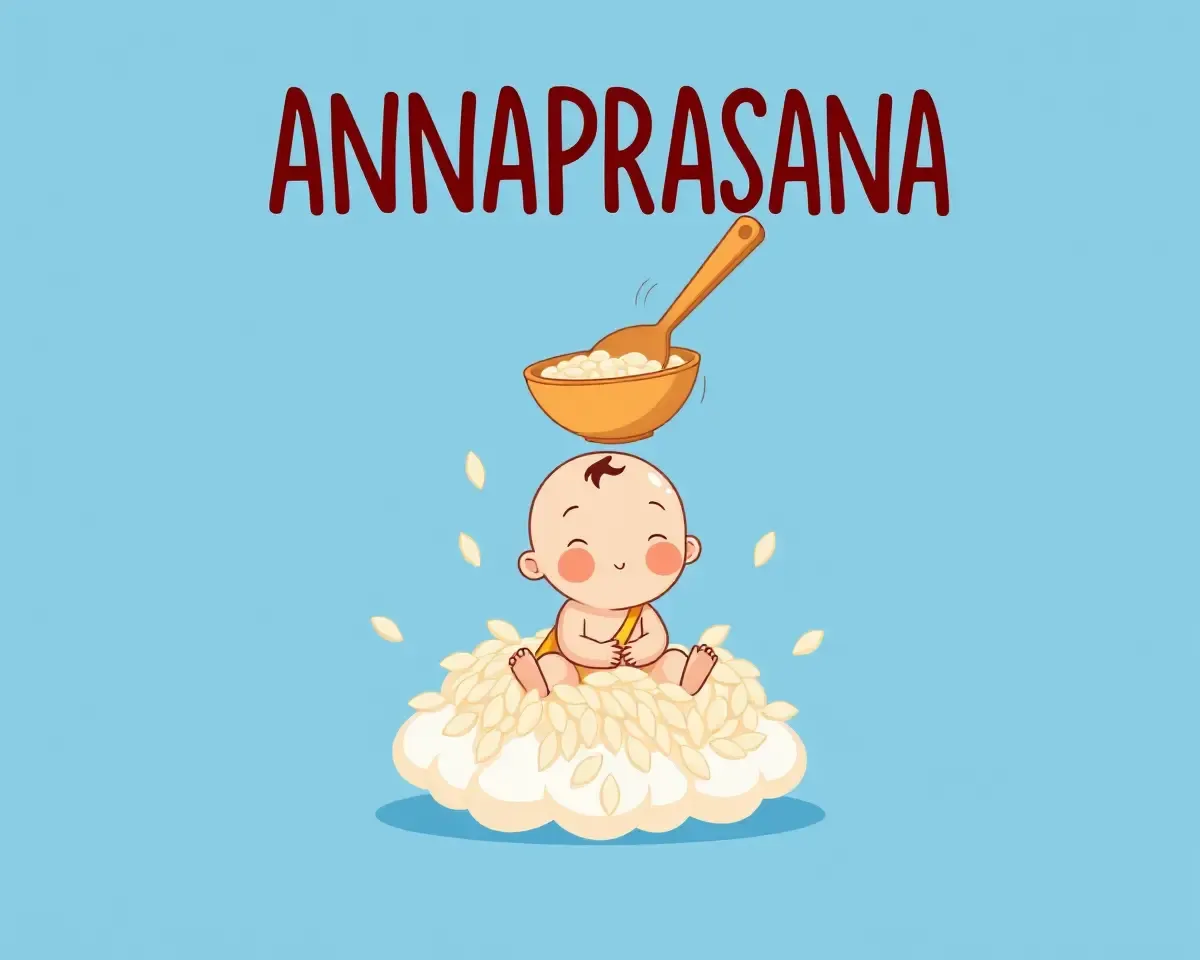 Quirky Annaprasana Invitation Card with Cartoon Baby and Rice Cloud