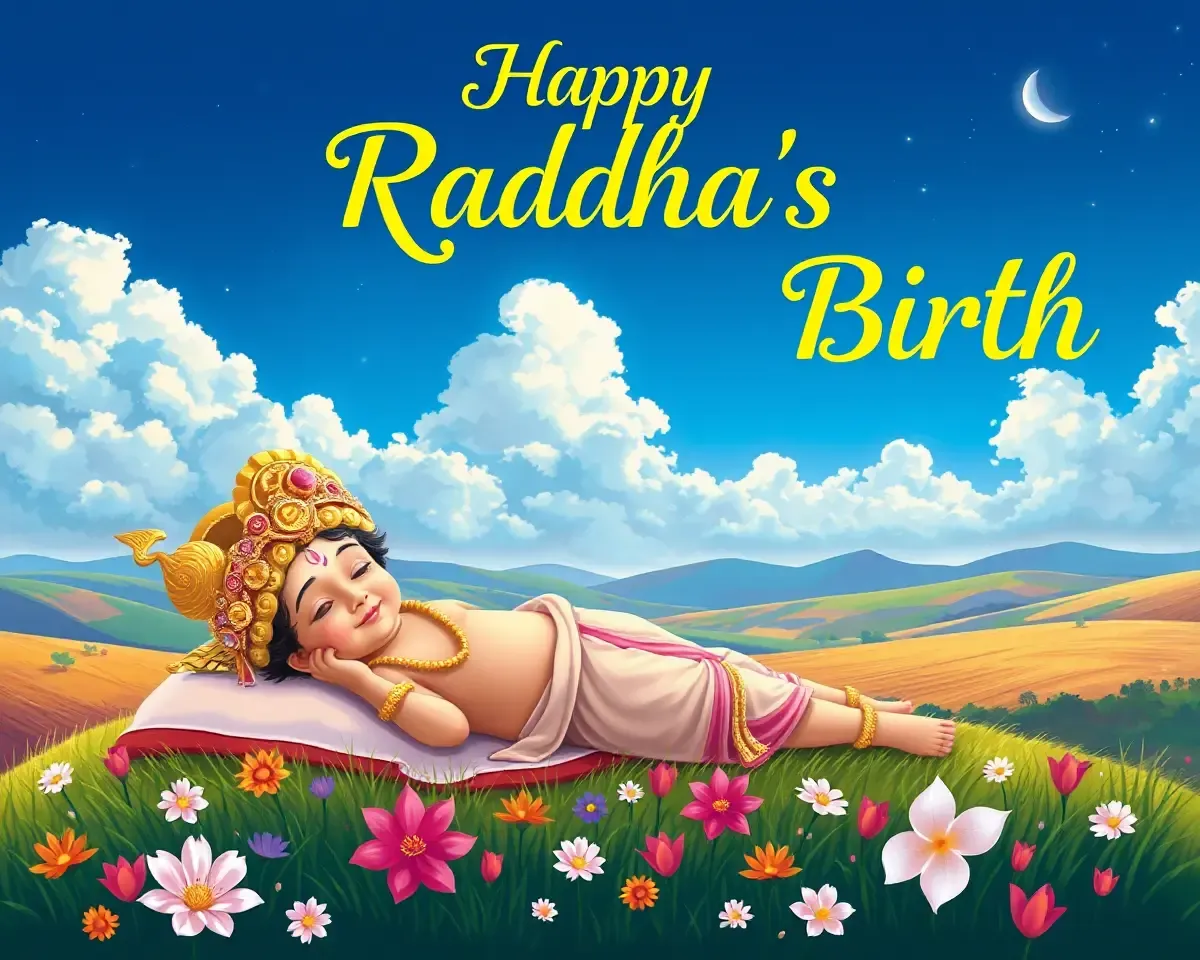 Radha Ashtami PNG: Birth of Radha in Serene Landscape Illustration
