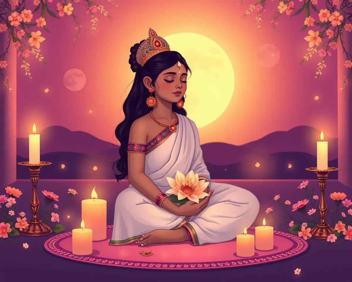 Radha Ashtami PNG: Spiritual Growth of Radha in Meditation and Moonlight