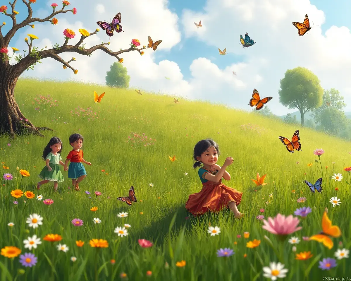 Radha Ashtami PNG: Vibrant Childhood Scene with Friends and Flowers