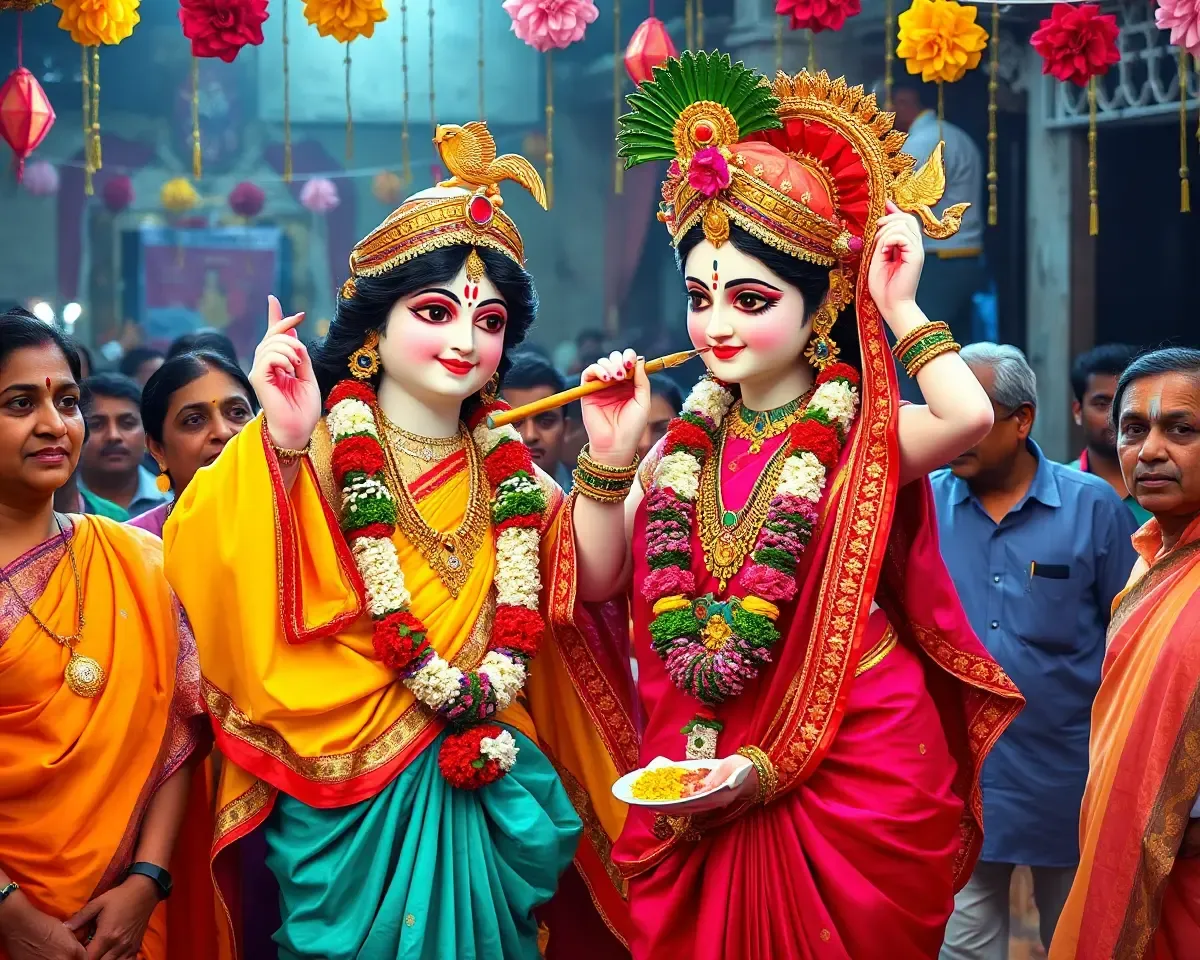 Radha Krishna Celebrate Indian Festival with Colorful Decorations