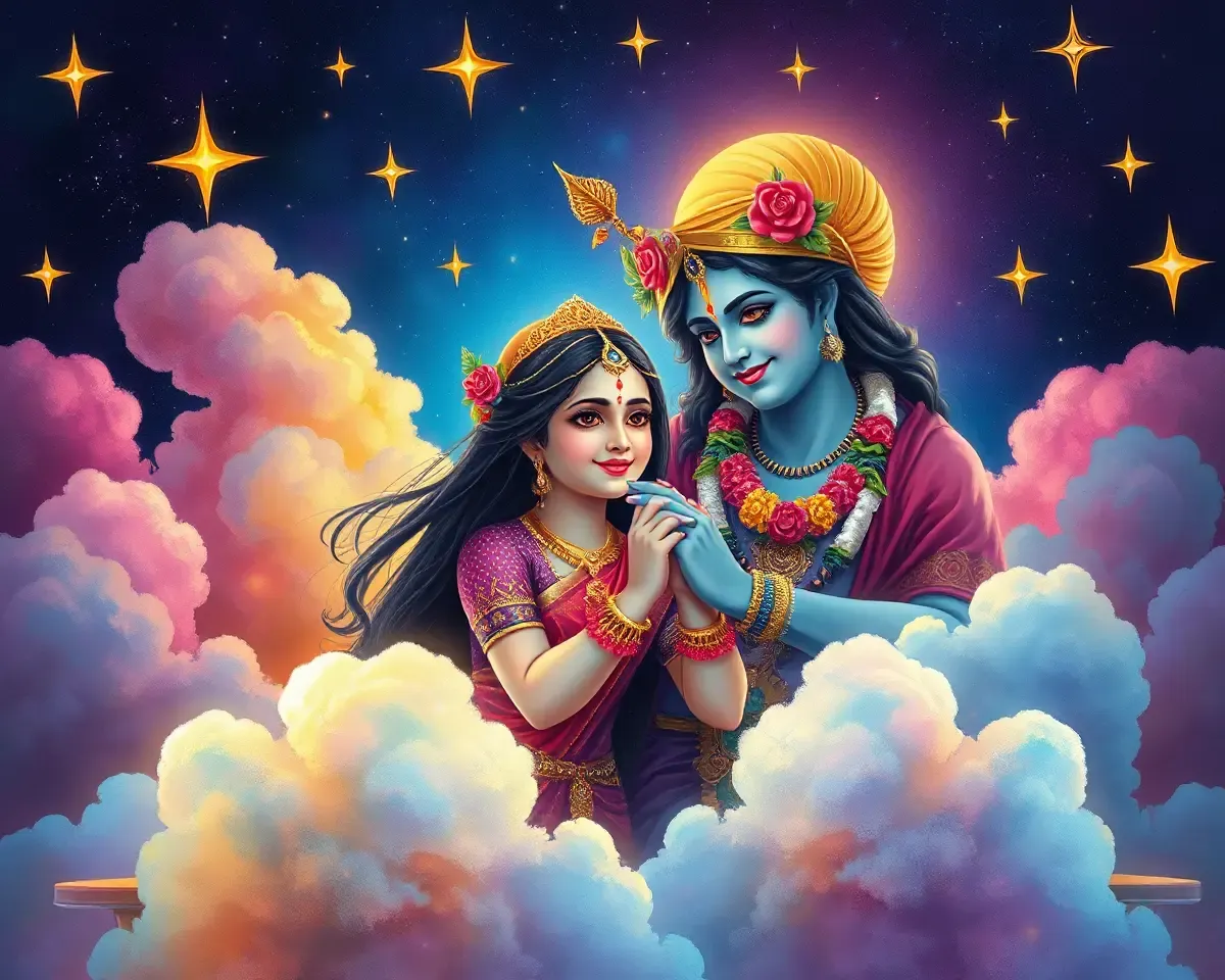 Radha Krishna Divine Love Amidst Stars Clouds