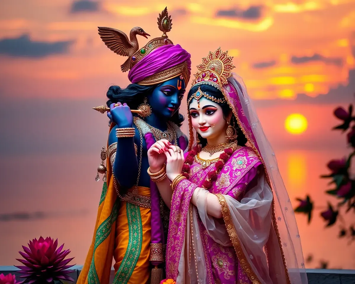 Radha Krishna Sunset Romance in Intimate Pose