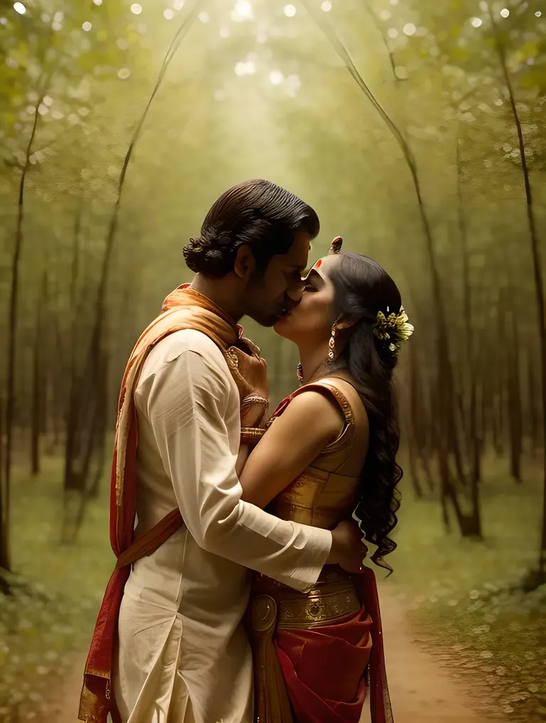 Radha and Krishna's Tender Forest Kiss