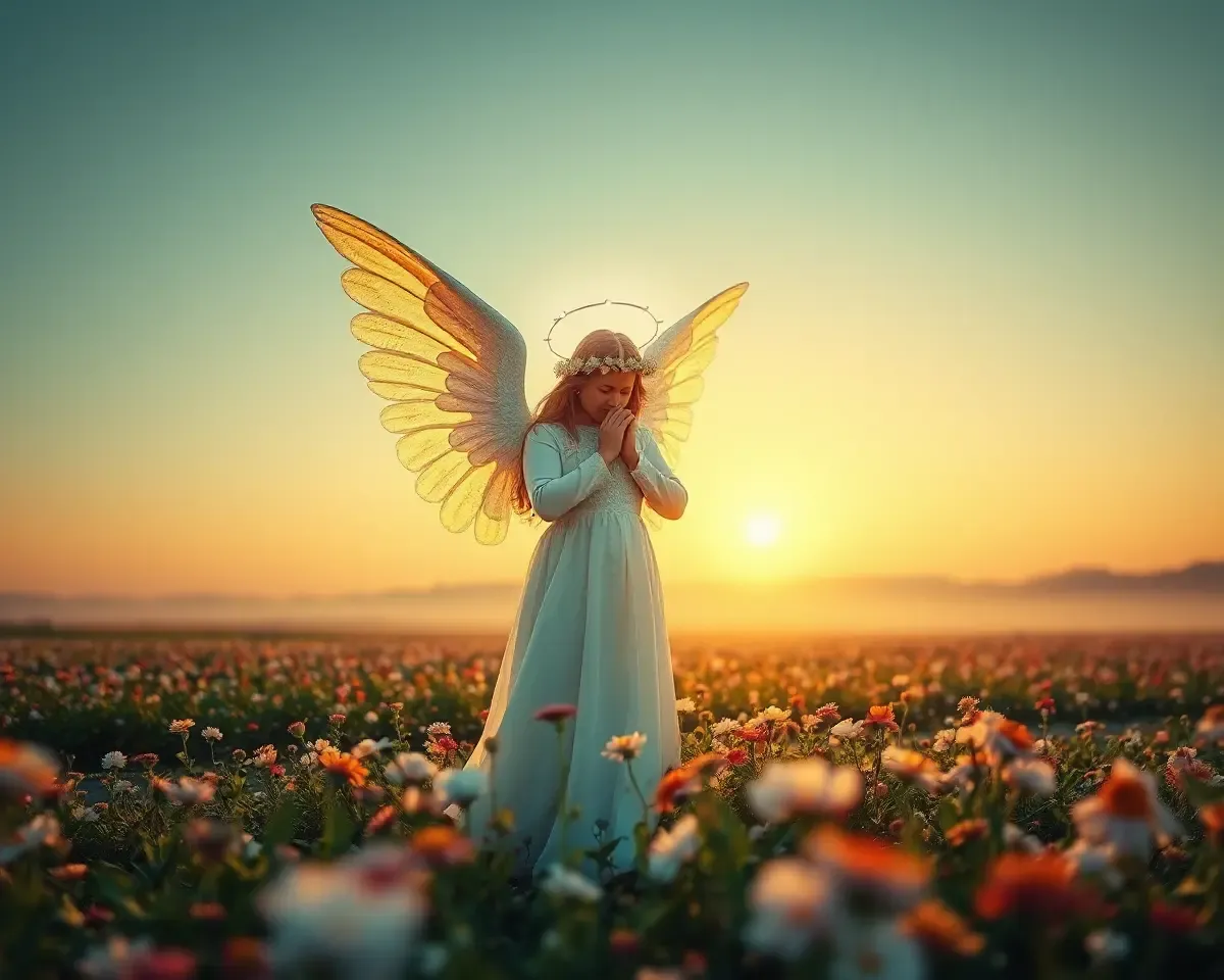 Radiant Angel in Field of Blooming Flowers
